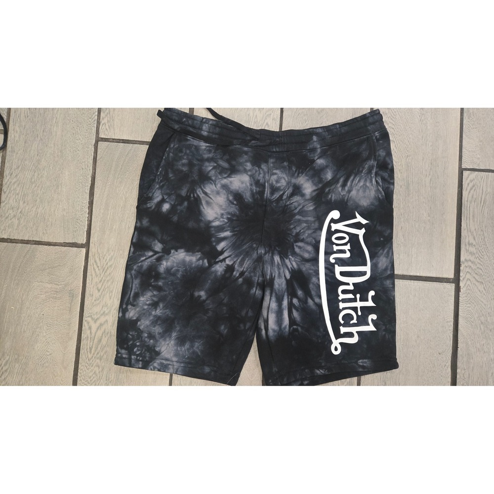 Von Dutch Mens Tie Dye Fleece Shorts Black Grey Logo XL
